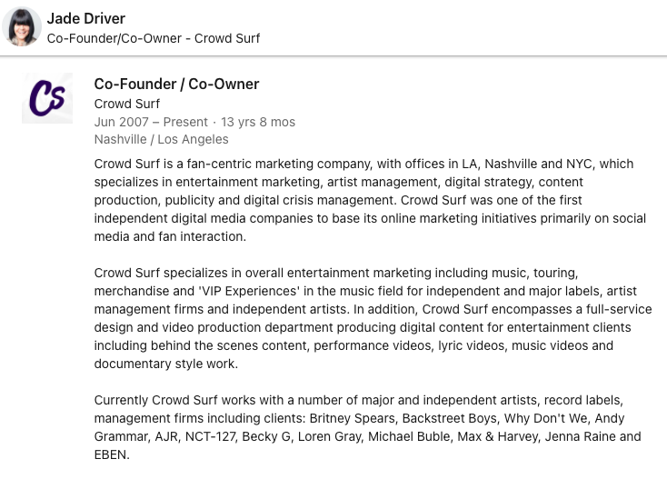 So who is actually running Britney's social media? It seems to be Cassie Petrey and Jade Driver, the owners of the digital marketing company "CrowdSurf" who list Britney Spears on their LinkedIn and work with many other celebrities and artists on their social media.  #FreeBritney