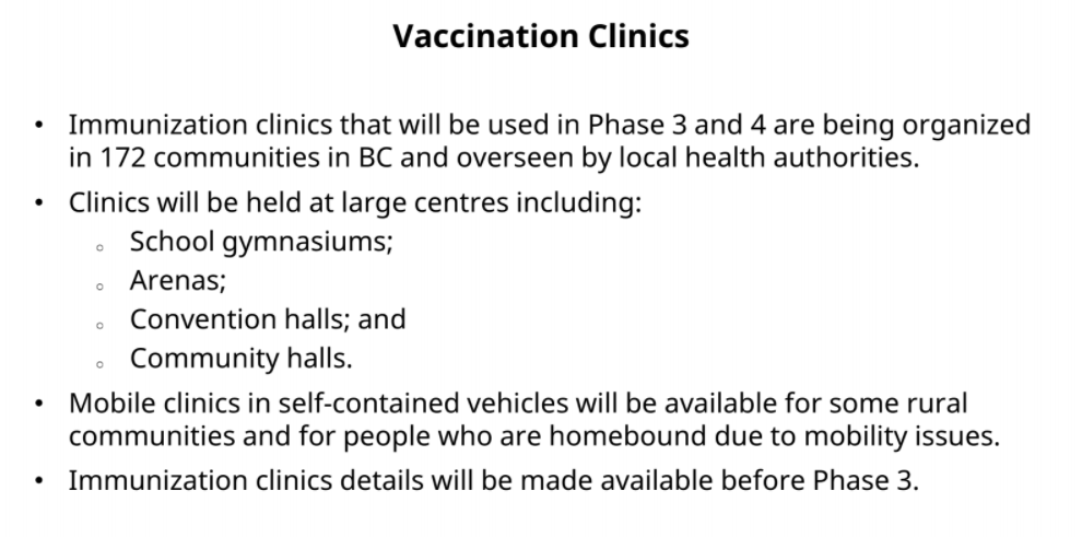 Dr. Ballem: in phase 3 and 4, vaccinations will be in about 172 communities and they will be overseen by local Health Authorities.  #COVID19BC