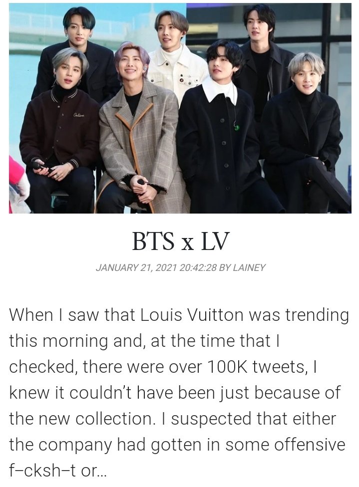 BTS_ArmyEcuador's tweet photo. [INFO] Lainey Gossip mencionó #BTSy su efecto positivo para Louis Vuitton! 😍

'Mira la cantidad de likes y retweets allí. Louis Vuitton es un sello importante, pero casi nunca tienen esa cantidad de actividad...

Cr. Bellybell | Español: BTS Ecuador
~👑
@BTS_twt https://t.co/tbqJRmUjea