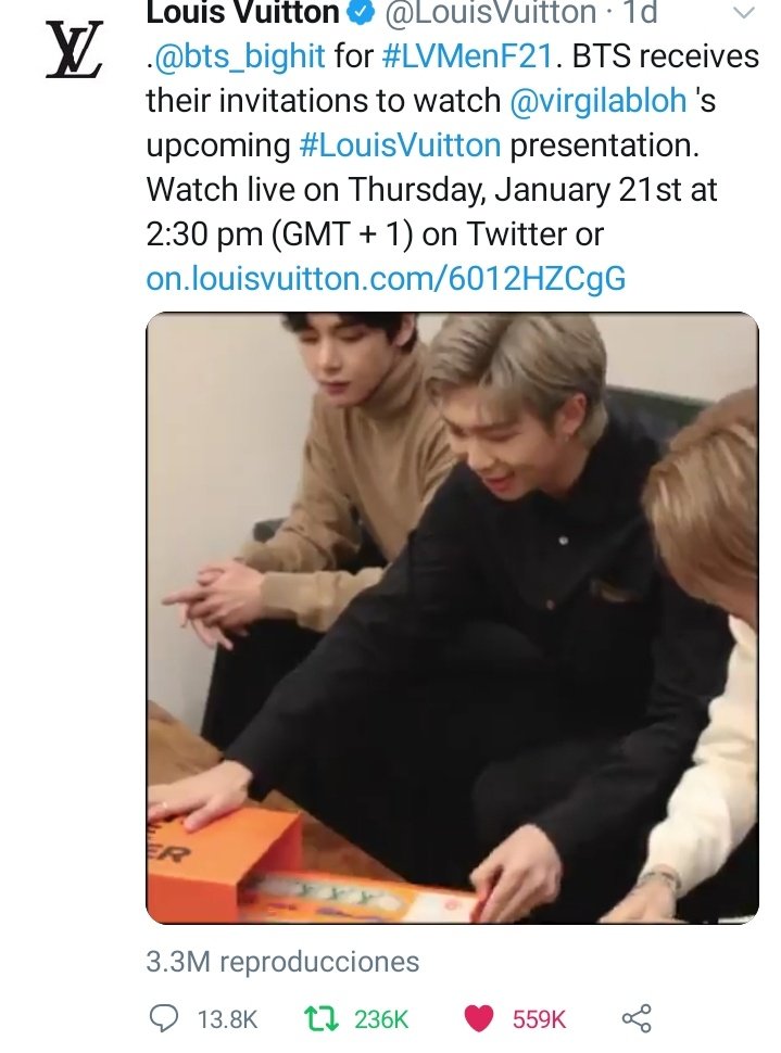 BTS_ArmyEcuador's tweet photo. [INFO] Lainey Gossip mencionó #BTSy su efecto positivo para Louis Vuitton! 😍

'Mira la cantidad de likes y retweets allí. Louis Vuitton es un sello importante, pero casi nunca tienen esa cantidad de actividad...

Cr. Bellybell | Español: BTS Ecuador
~👑
@BTS_twt https://t.co/tbqJRmUjea