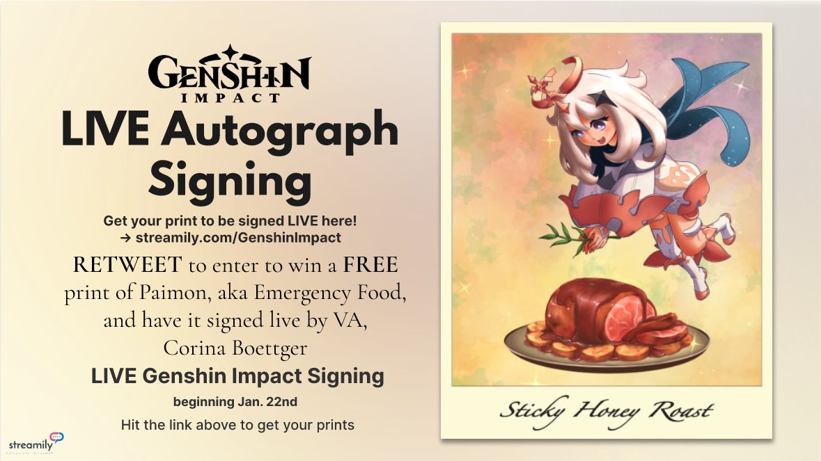 lberzins_voices's tweet photo. #GenshinImpact Live autograph signing starts today! Retweet to enter raffle for free print of #paimon - Order prints of your fave #genshin characters at https://t.co/AHzHakrr0c ! #FreebieFriday #xiao #amber #kaeya #qiqi #sucrose #qibi #lumine #aether #xiangling #childe #fischl https://t.co/V4m3zO3CTV
