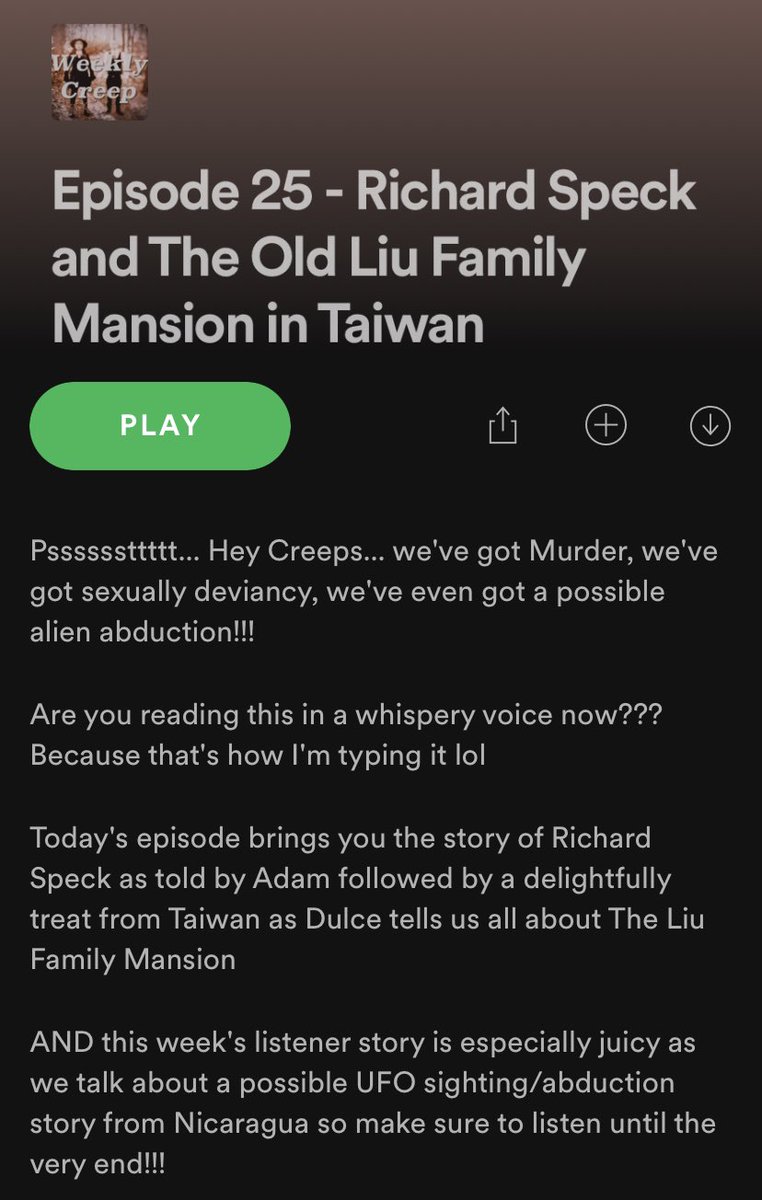 Episode 25 - Richard Speck and The Old Liu Family Mansion in Taiwan... where do you normally listen to us???
#spotify #applepodcasts #spooky  #spookystories #weeklycreep #paranormalpodcast #irishpodcast #truecrimepodcast #paranormal #truecrime #ghoststories #listenerstories