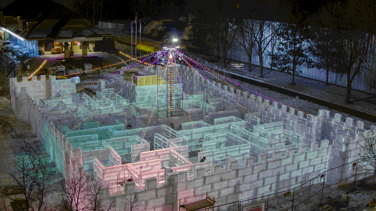 postillwater's tweet photo. All lit up ready for opening day today, Downtown @iLoveStillwater @MNBirthplace @TheZephyrTheatr along #icemaze #icepalace #iceslide #icebar #iceicebaby @MaryEDivine @ian_leonard @storageio #aerialphotography https://t.co/z1h3fW0uzV