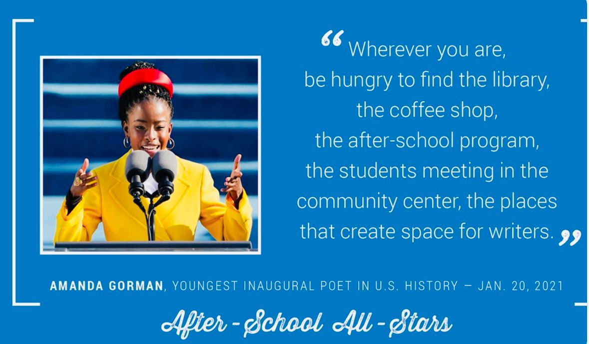 NatlAfterSchool's tweet photo. We dedicate today's #FridayFeelGood post to Amanda Gorman, for acknowledging afterschool programs as places for young people to discover their creativity, so one day they too can turn their dreams into reality. https://t.co/ZCaAuoLnj7