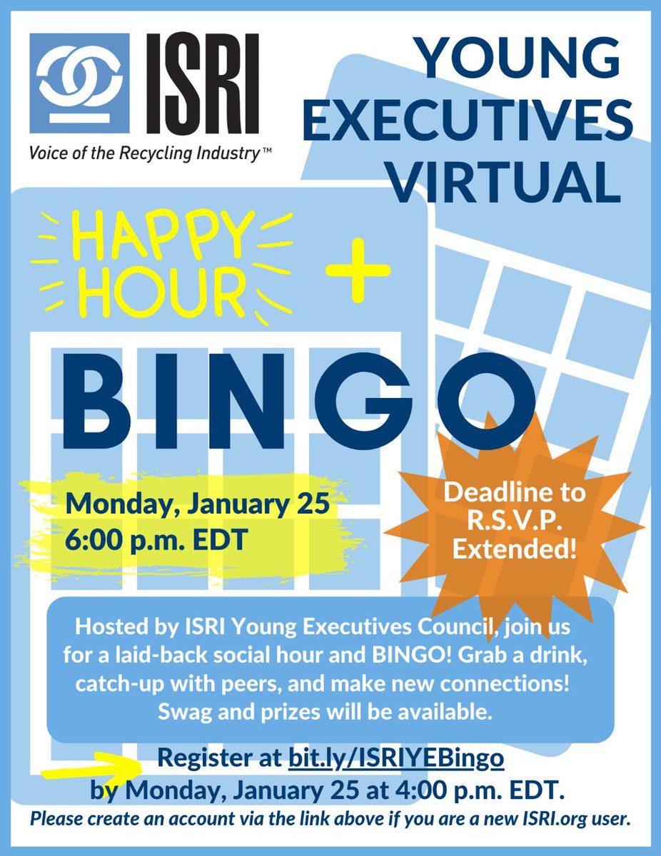 WeAreReMA's tweet photo. Calling all ISRI Young Executives! Join us Monday, January 25, for virtual Happy Hour and Bingo! Connect and catch up with fellow young execs! Free to attend. Register today: https://t.co/mpZHIvqKyy #ISRIYE #YoungExecs #WeAreISRI #RecyclingIsEssential https://t.co/ORcbwoyZ7N