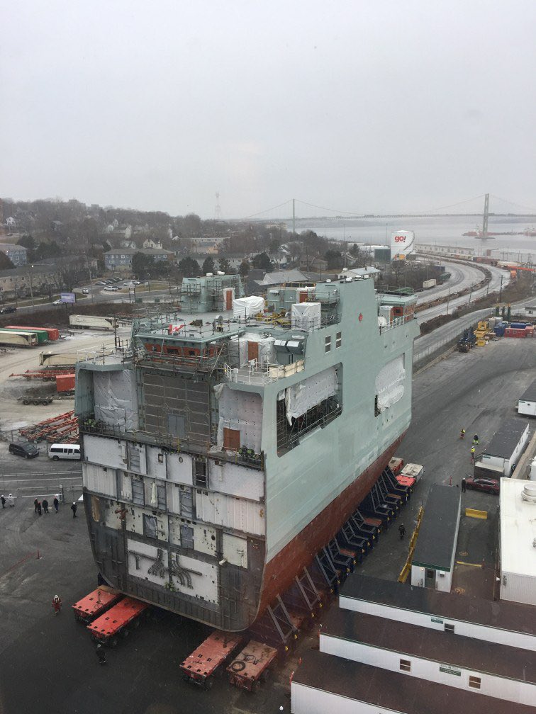 A little snow isn’t holding up the MEGA MOVE underway now <a href="/IrvingShipbuild/">Irving Shipbuilding</a>. Ship #3 HMCS Max Bernays centre block making its way to dockside.  Tomorrow 2 of 3 mega blocks come together. <a href="/RoyalCanNavy/">Royal Canadian Navy</a> #shipsforcanada #halifax