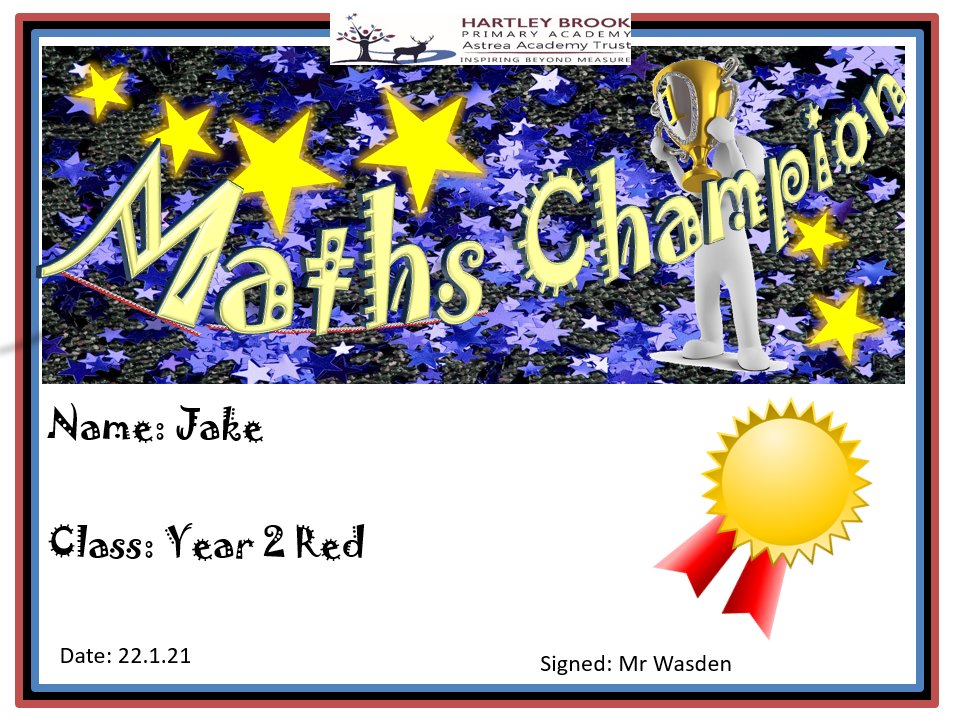 MrWasdenHB's tweet photo. Well done to my Maths champion, Jake! You've worked so hard this week and done some amazing work! Keep it up! @HartleyBrookPri @mrstravishb @HBMissKemp https://t.co/Anjuq34eVz