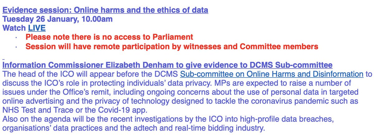 A few coincidences to note today. Here is one unrelated event: Elizabeth Denham of  @ICOnews is appearing before  @CommonsDCMS next Tuesday, being questions about a range of concerns about their work: