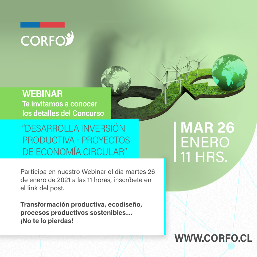 Corfo's tweet image. 🟢 ¡Es tiempo de adoptar la #EconomíaCircular! Si todavía tienes dudas sobre nuestra convocatoria Desarrolla Inversión, aprovecha esta oportunidad. Podrás realizar todas las consultas para hacer una mejor postulación. Inscríbete ✅ bit.ly/2KE4TAh