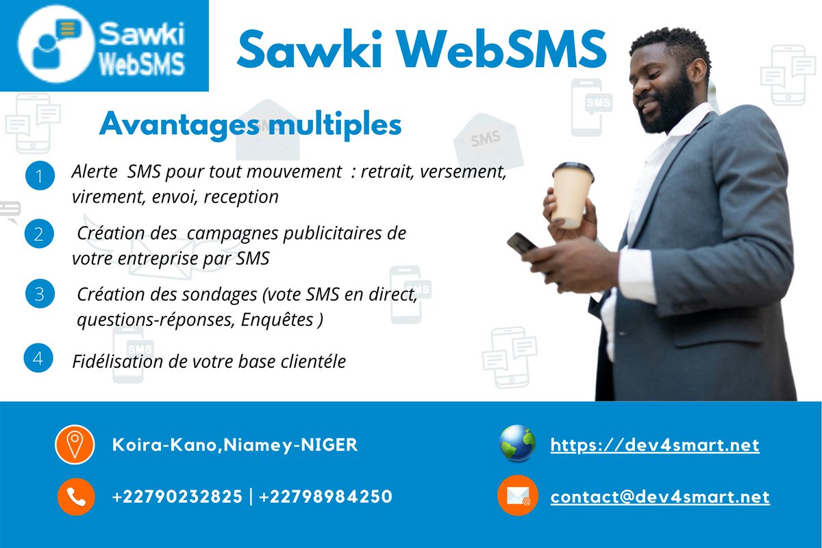 dev4smart's tweet image. Institutions étatiques, Banques, Assurances, PME/PMI/TPE, ONGs ou professionnels libéraux? Découvrez notre Produit Sawki WebSms vous permettant d’envoyer 📱 et de recevoir📲 des SMS par internet🌐
@Dev4smart, pensez l’innovation.
#SawkiWebSMS #SMSMarketing #BulkSms