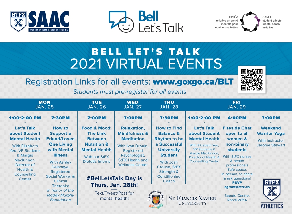 StFXAthletics's tweet photo. The StFX Student-Athlete Advisory Council &amp; StFX SAMHI Chapter have planned virtual events for all next week for Bell Let’s Talk Week! The events are open to all StFX students. Pre-Registration links &amp; more info are at https://t.co/XWN0jHUiIL #BellLetsTalk https://t.co/jM1pAIztI9