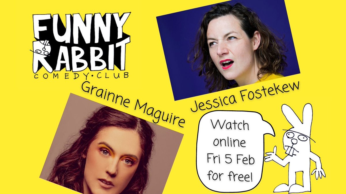TheGulbenkian's tweet photo. We have exciting news!  As part of our lockdown programme, @FunnyRabbitCC our monthly comedy club is going online for FREE! Hop along to our website to nab a ticket for Fri 5 Feb. Line-up includes @jessicafostekew &amp; @GrainneMaguire. 😂🐰 🎫➡️ https://t.co/nYA4RTXY4z https://t.co/0L0DH2h5Sx