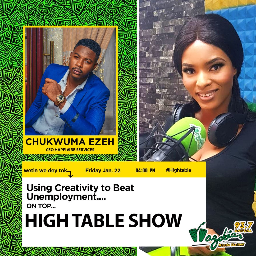 WazobiaOnitsha's tweet photo. #HighTableShow Wit #FirstLady @tochi_wazobia 

#Guest: Chukwuma Gem Ezeh, CEO ~ #Happy_Vibes_Services.

A 24-years old CEO, With 3 different companies and More than 15-Workers on pay role. Him pick him life from dust, after serving Oga, Oga no Gree settle am. https://t.co/3mwQxQfOKl