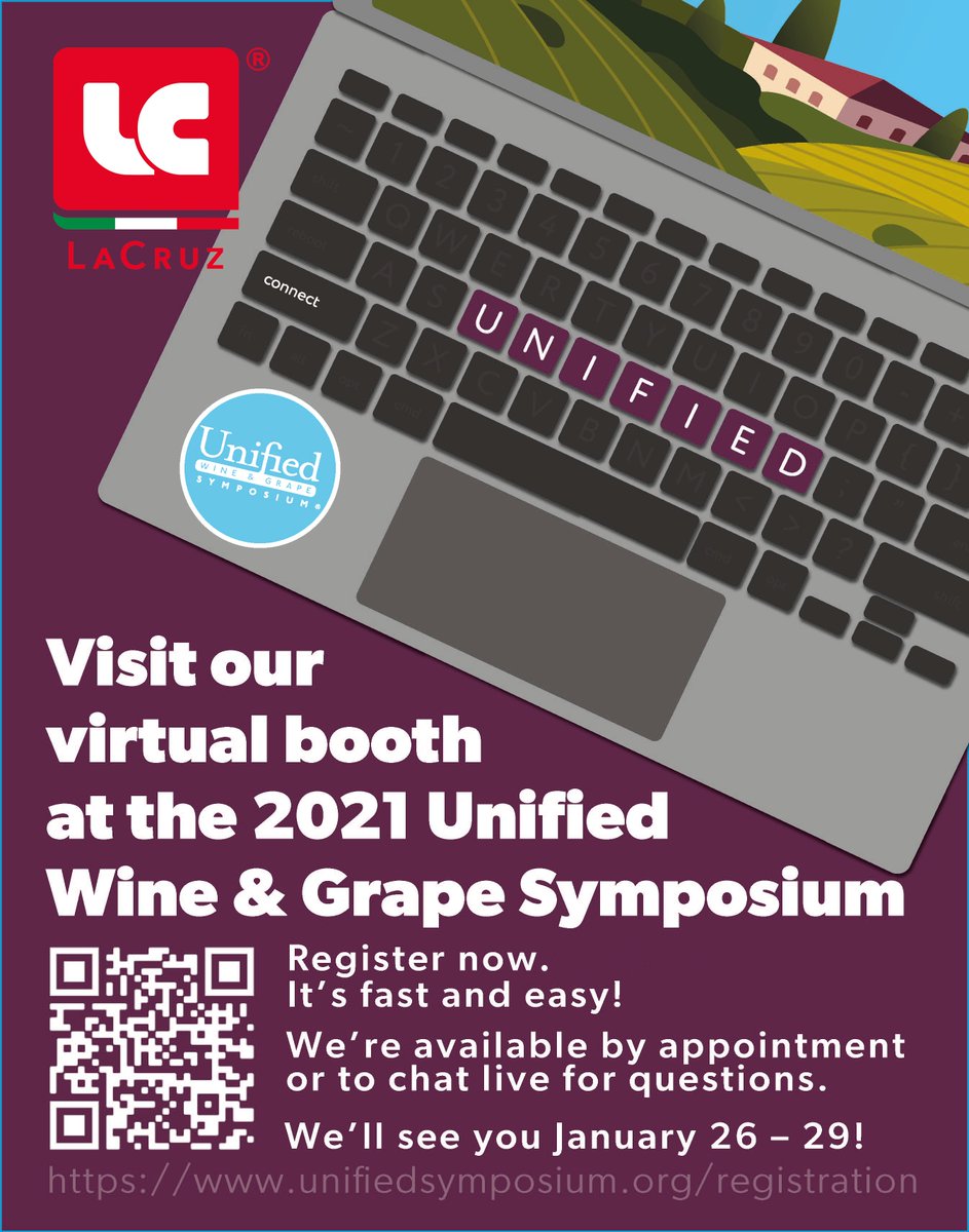 LaCruz will be present at the 2021 Virtual <a href="/theunified/">Unified Symposium</a> Symposium Wine &amp; Grape Symposium, the online trade fair which will take place from 26th to 29th January 2021!
Browse through the exhibitors and look for LaCruz!
Registration area:
unifiedsymposium.org/registration