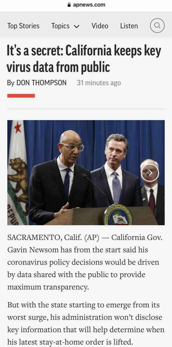 Please read this article ASAP.  

From <a href="/AP/">The Associated Press</a> - “It’s a mystery how the state made the decision or how and when it will lift the most serious restrictions on the bulk of the population because the data is not being shared.”

apnews.com/article/sacram…
