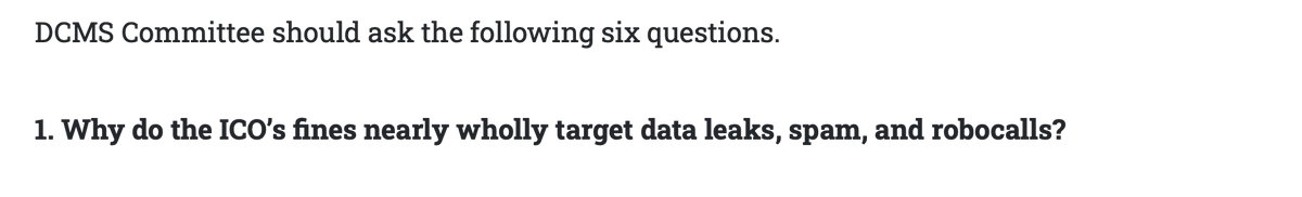 Question one for  @CommonsDCMS: Why do the ICO’s fines nearly wholly target data leaks, spam, and robocalls?