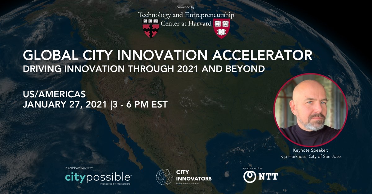 drdavidricketts's tweet photo. The Global City #Innovation Accelerator led by @drdavidricketts of #HarvardTECH focuses in on the US/Americas Jan. 27th | 3pm EST. Speakers include @Kipthinks, @Wheelmrk, @JeanneHolm, @Greendrv, @davidngraham & more. Register: https://t.co/t8ch2aHds9 #smartcities #urbaninnovation https://t.co/ZNDLBEzjWj