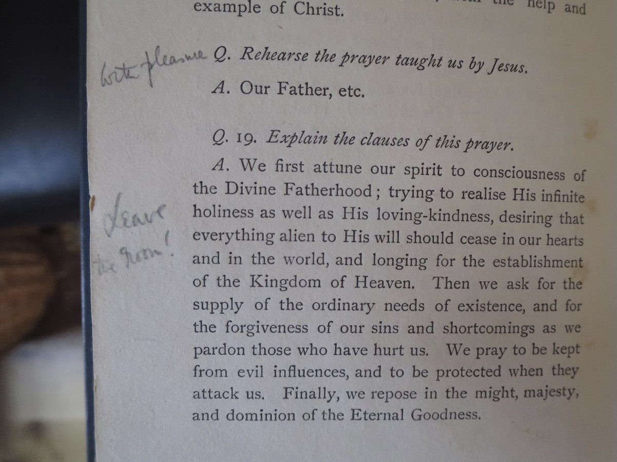 Chesterton switches easily between levity and gravity. He responds to ‘Rehearse the prayers taught to us by our Lord’ with ‘With pleasure’. But he also dismisses Lodge’s prompt to ‘explain the clauses of this prayer’ (Lodge, 1907, p. 134) by writing ‘Leave the room!’