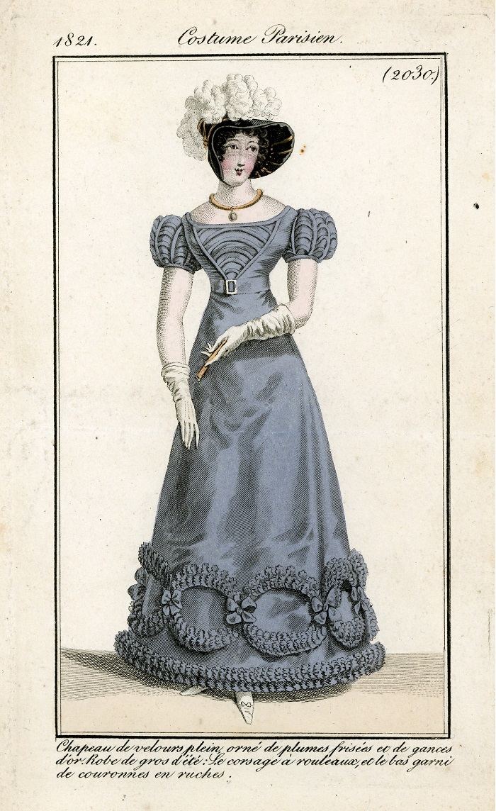 This shows a very similar style of dress to the one on the scrimshaw, and is dated to 1821: