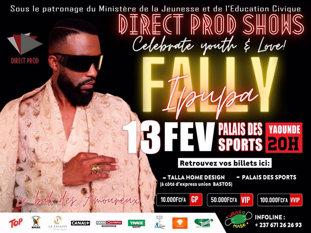Viens participer au 1er concert VIP de l’année organisé ce 13 Février au Palais des Sports de Yaoundé 🇨🇲 par <a href="/direct_prod/">Direct Prod</a>  avec <a href="/fallyipupa01/">Fally Ipupa</a> 🦅à partir de 20H. 

🚨Tickets 🎫 déjà disponibles

#FallyAuCameroun #DirectProd