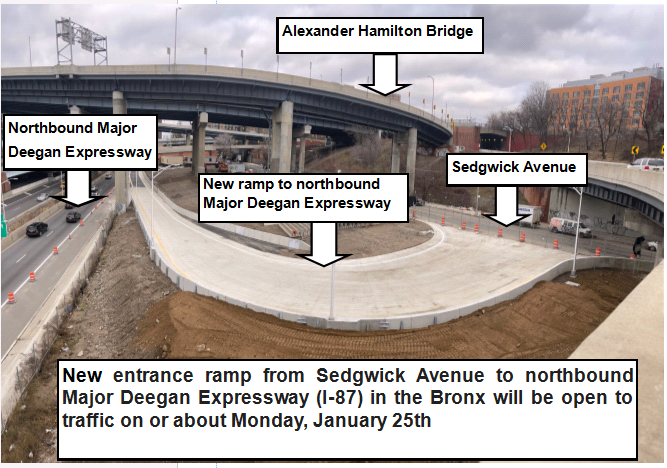 NYSDOT_NYC's tweet photo. TRAVEL ADVISORY - Opening of New Entrance Ramp from Sedgwick Avenue to northbound Major Deegan Expressway (I-87) in the Bronx.

On or about Monday, January 25th (weather permitting)

Details: https://t.co/4vPfD625IU https://t.co/uNny4pEZZj
