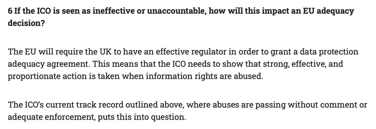 Q6 for  @CommonsDCMS If the ICO is seen as ineffective or unaccountable, how will this impact an EU adequacy decision?The  @ICOnews really does not look like it is doing its job. This may jeopardise future adequacy decisions, expected in six months.