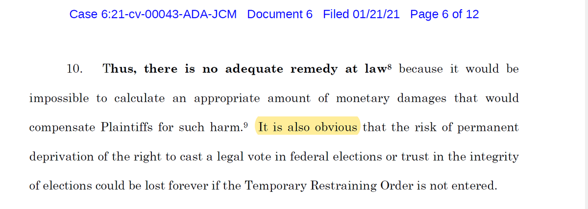 And they think that there's a "risk of permanent deprivation of the right to cast a legal vote" without a TRO? Seriously, no. Even if anything they argued was a thing, there's plenty of time to deal with it before the next election.