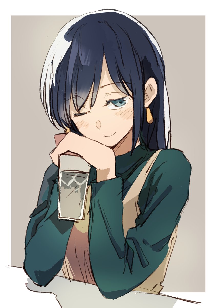 souryuu (kancolle) 1girl solo one eye closed official alternate costume blue hair green sweater blue eyes  illustration images