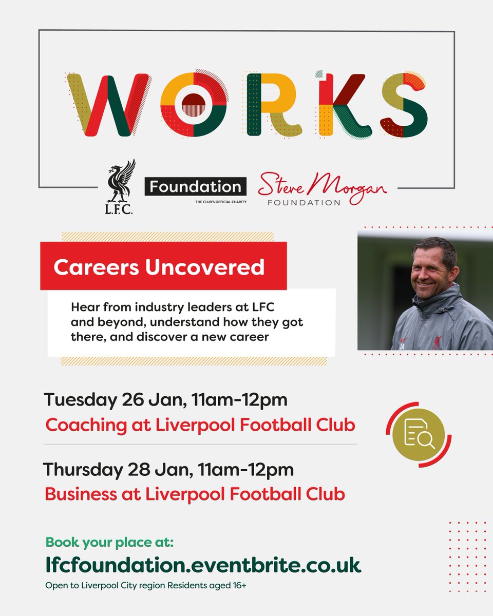 Join us for Works, Careers Uncovered!⚽️🔴

A series of virtual employability events, specialising in Coaching &amp; Business.💻

Hear from industry leaders at <a href="/LFC/">Liverpool FC</a> &amp; #LFCFoundation about their career journeys.

Book now:📲 lfcfoundation.eventbrite.co.uk

Funded by @stevemorganfdn ❤️