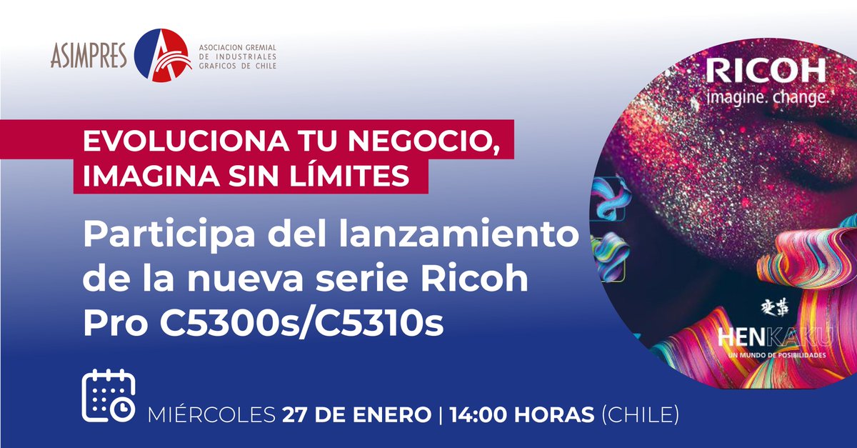 Asimpres's tweet photo. 🔴@RicohLA invita a participar del lanzamiento de la nueva serie #RicohPro C5300s/C5310s, ideal para centros de impresión, agencias creativas o empresas que requieren impresiones de gran calidad.
📆27 de enero -14:00 hrs. de Chile.
➡️Inscripciones aquí: https://t.co/JxrDr3E7cX https://t.co/28KgmNSHsb