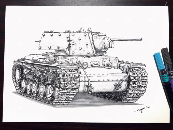 KV-1 (1940)筆ペン一発描き完成₍˄·͈༝·͈˄₎◞防御力高め!、、だけど操縦性最悪の見た目無骨すぎるソ連軍機甲部隊の重戦車です?履帯のパターンがなかなか難しくて描くの楽しかったです?#戦車 #ソ連 #絵柄が好みって人にフォローされたい 