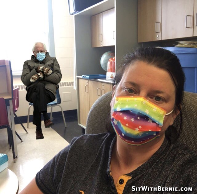 Chatting with an old friend about ventilation and air quality. #BernieSitting #BreatheEasy