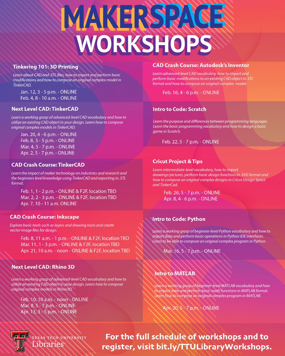 TexasTechLib's tweet image. Begin tinkering in 3D Printing, or go more in depth, with our Makerspace workshops this semester! #GoLibrary #GoMake #GoCreateYourWorld