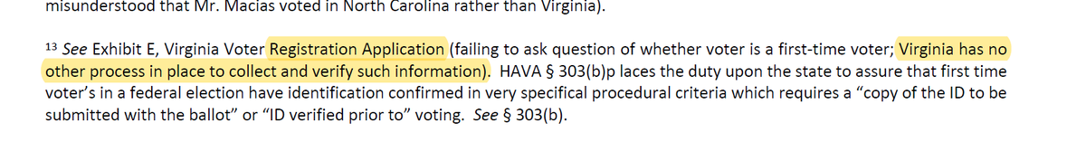 Ah. It would appear that we want to overturn the entire government because VA doesn't ask about first time voting on the REGISTRATION FORM (not the request for an absentee ballot, but the initial registration) combined with a no-citation-assertion that there's no other process.