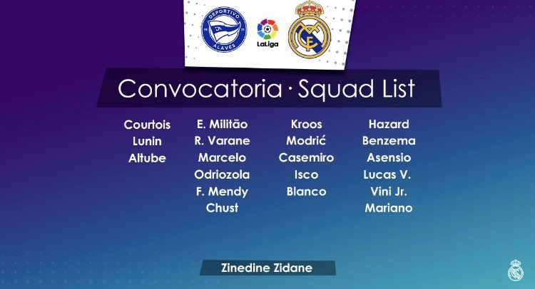 fonsotorres's tweet photo. 20 jugadores convocados para el partido contra el @Alaves #LaLiga #RealMadrid https://t.co/QpNQvULHiU