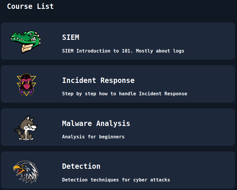 LetsDefendIO's tweet photo. 🥳🥳 We will release the "Blue Team Academy" module on 27.01.2021
Here is a list of some courses: https://t.co/QZicBn7Blg