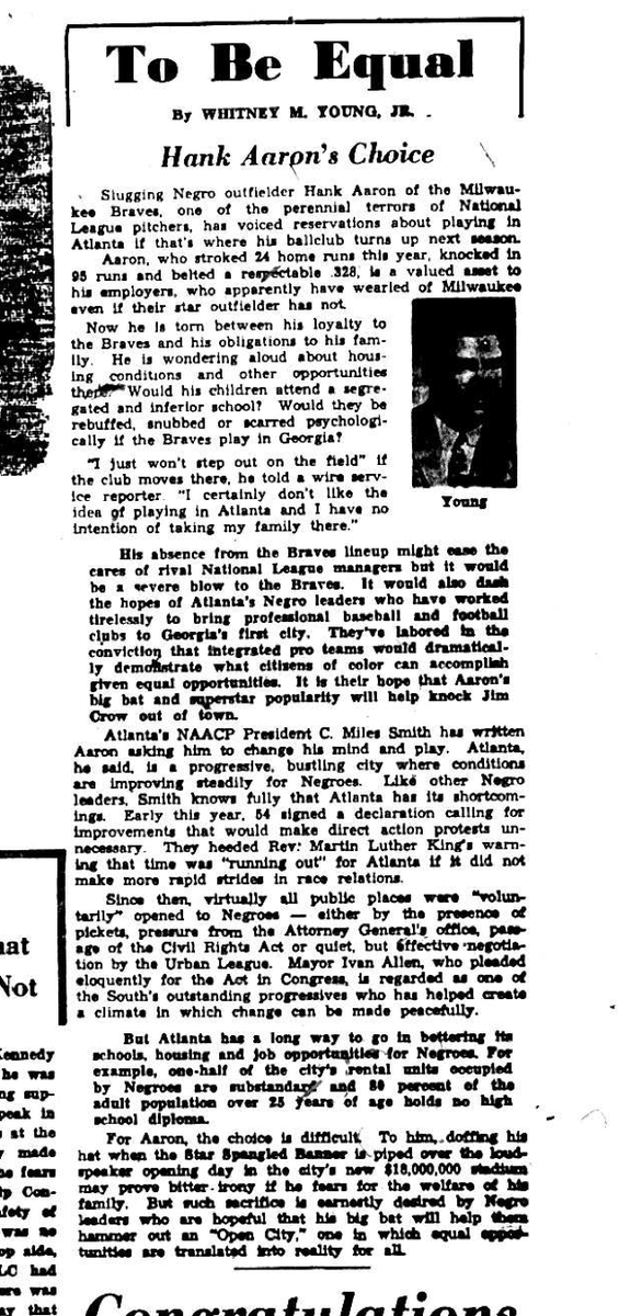 1964, Whitney Young on the meaning of Hank Aaron moving to Atlanta