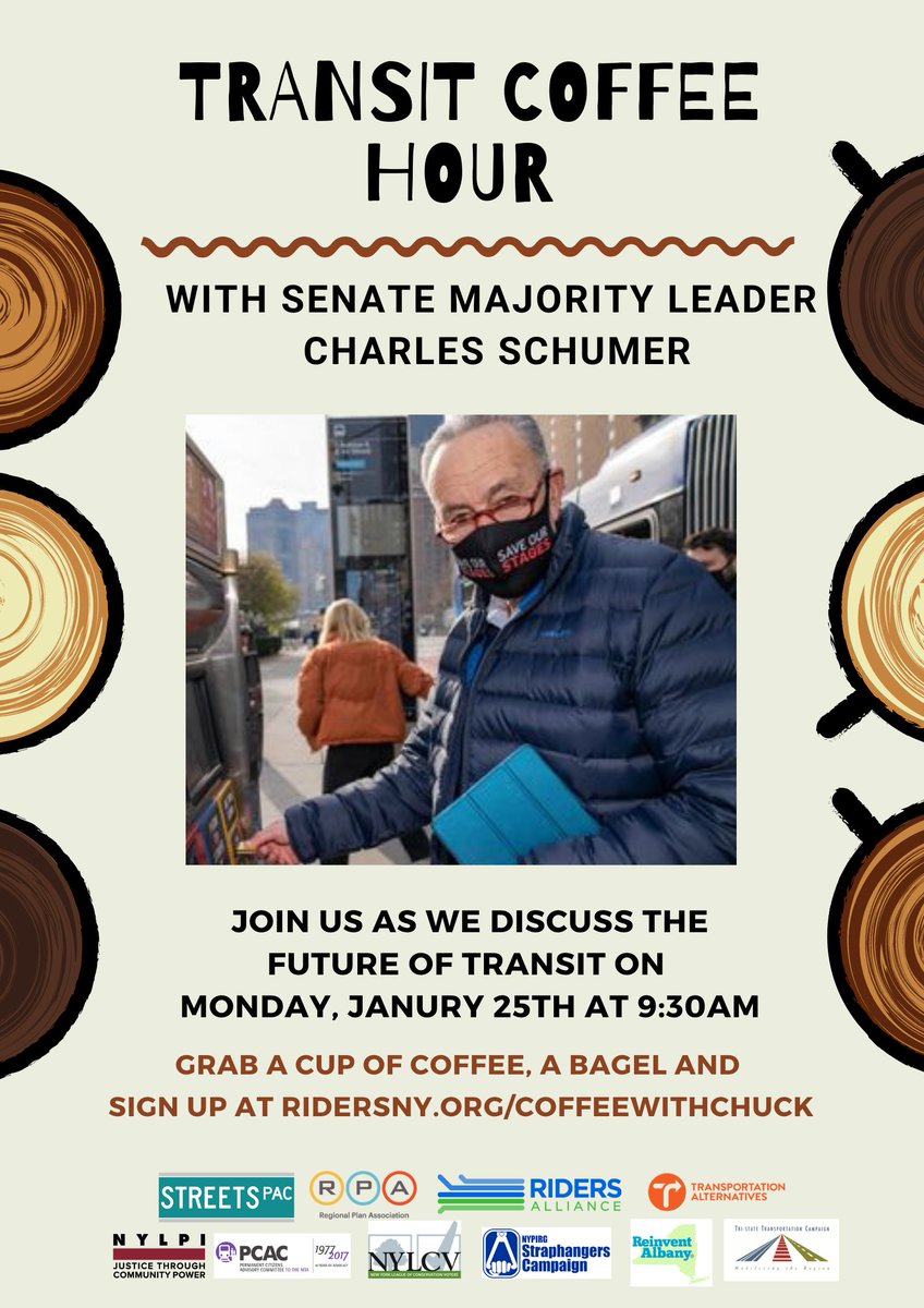 ReinventAlbany's tweet photo. Join us Mon. Jan 25th @ 9:30am with transit colleagues @RidersAlliance and more for a Transit Coffee Hour with Senator Schumer. RSVP today! https://t.co/jw6MCXdcAp https://t.co/1JugwGMwE4