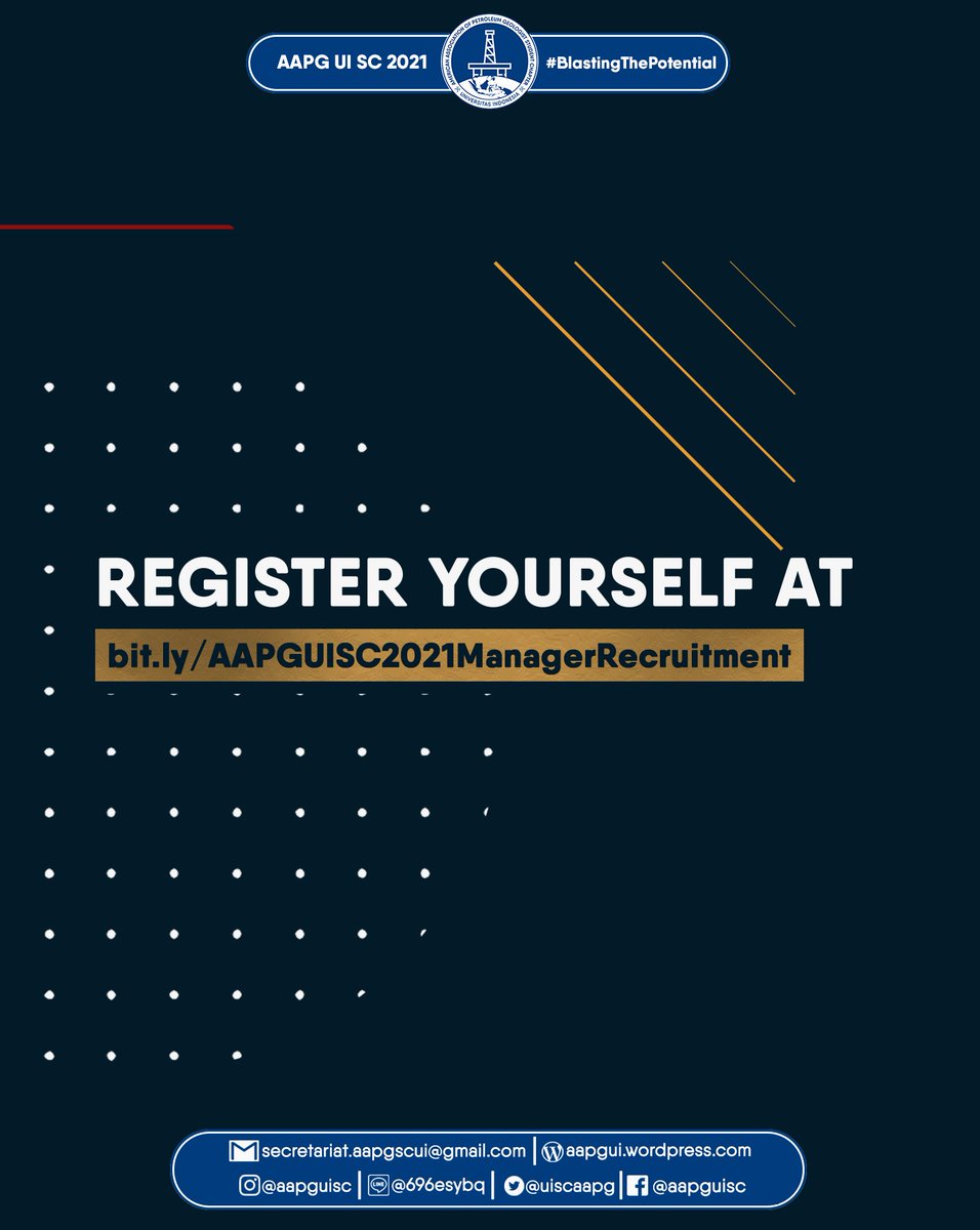 [MANAGER OPEN RECRUITMENT]

AAPG UI SC’s Manager Recruitment is now officially opened!

Please register yourself by filling our online form in the link below:

bit.ly/AAPGUISC2021Ma…

bit.ly/AAPGUISC2021Ap…

We will be waiting for you!

AAPG UI SC 2021
#BlastingThePotential