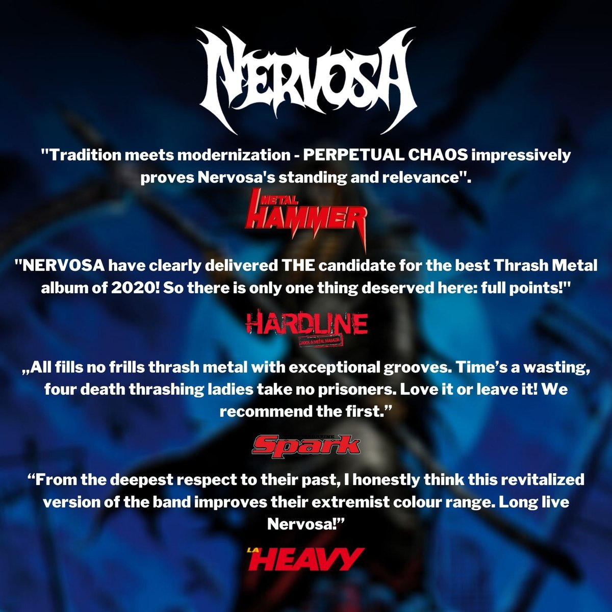 To listen and buy, check here:

nervosastore.com/all-links

#nervosa #perpetualchaos #newalbum #metalhammer #metalhammermagazine #hardlinemagazine #sparkmagazine #laheavymagazine #mariskalrock #headbanger #metalhead #thrashmetal #deathmetal #thrash #death #metal