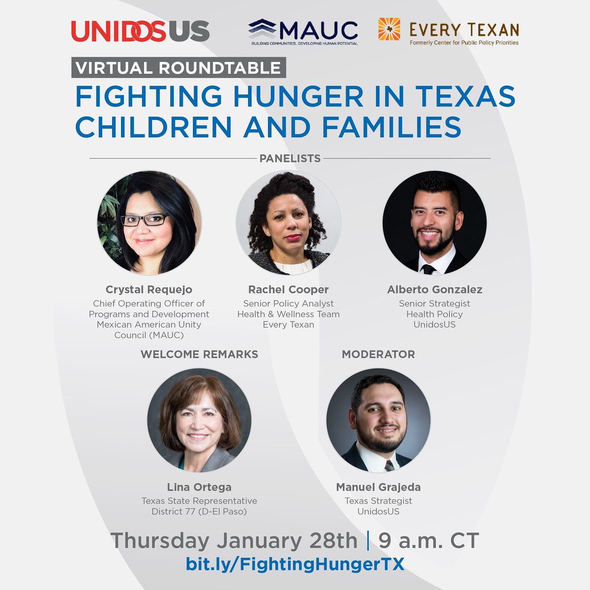 MAUC_Inc's tweet photo. Please join UnidosUS, Mexican American Unity Council (MAUC), and Every Texan for a roundtable discussion on food insecurity in Texas, and the policy and system changes that need to take place to ensure that all Texas Hispanic children and families have access to nutritious food. https://t.co/t0R9LxVgwE