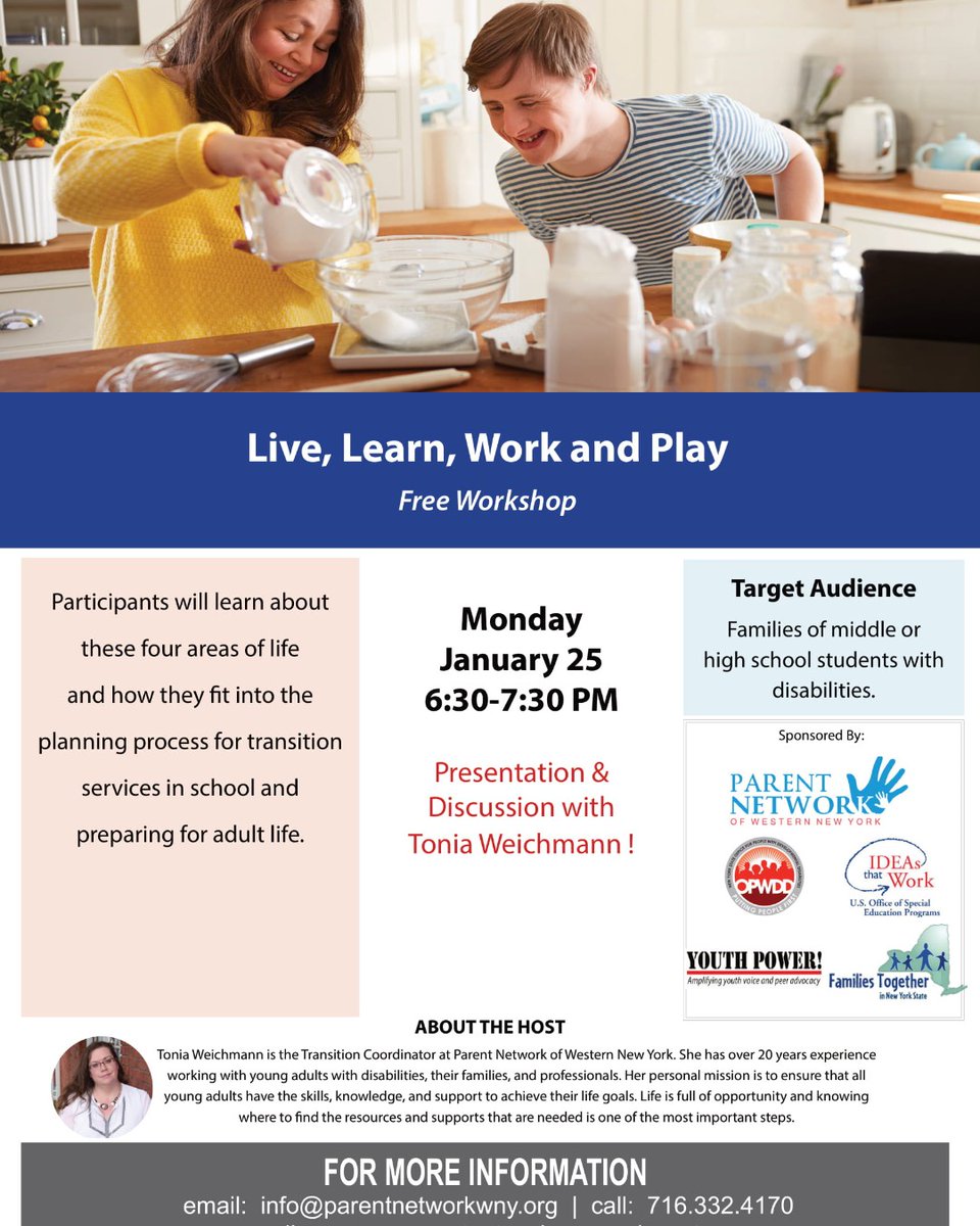 PNWNY's tweet image. Join us at our &quot;Live, Learn, Work &amp;amp; Play&apos; virtual workshop to learn how these four areas of life fit into the planning process for transition services in school and preparing for adult life on Monday at 6:30PM!

Register now!
parentnetworkwny.org/event/live-lea…