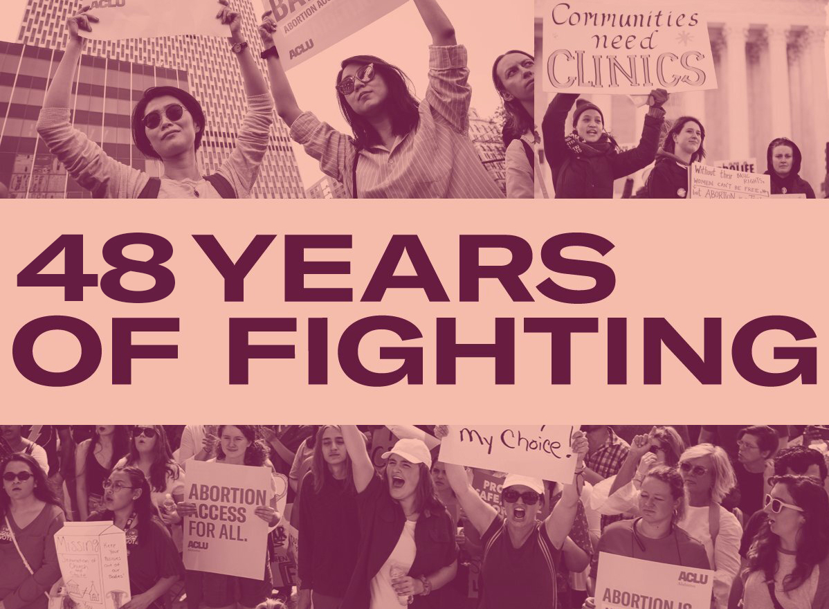 ACLU's tweet photo. On this day in 1973, Roe v. Wade affirmed our constitutional right to abortion. 

We’ll never back down from the fight to uphold it  — and we won’t stop there. Our work isn’t done until everyone, no matter where you live or how much money you make, can access the care they need. https://t.co/8gPdCY2mQy