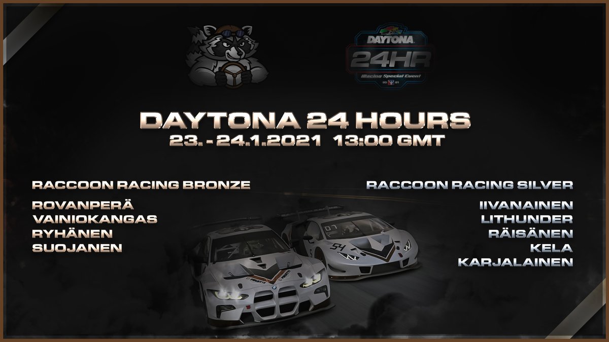Raccoon_Racing's tweet photo. Big weekend ahead of us! We are taking part in the @iRacing Daytona 24HR race with two cars. @Ramuns1 will join the Silver team as a guest star.

#simracingfi #esportsfi https://t.co/0yHaj2rzlZ