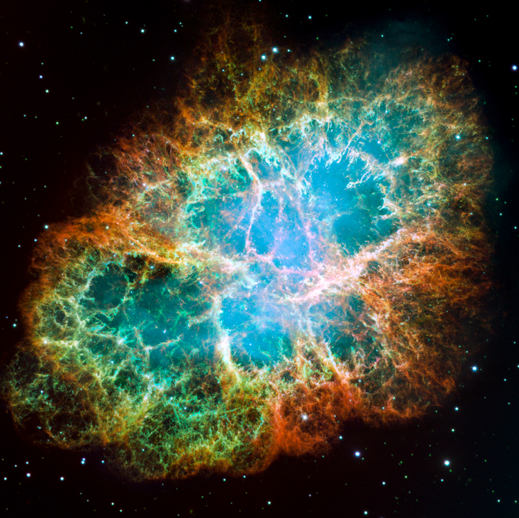 5/ The Crab Nebula. Shockwaves form where the wind of the pulsar (the stellar remnant after the star exploded) slams into the shell of gas that was blown off during the explosion. Source: NASA, ESA, J. Hester and A. Loll (Arizona State University)