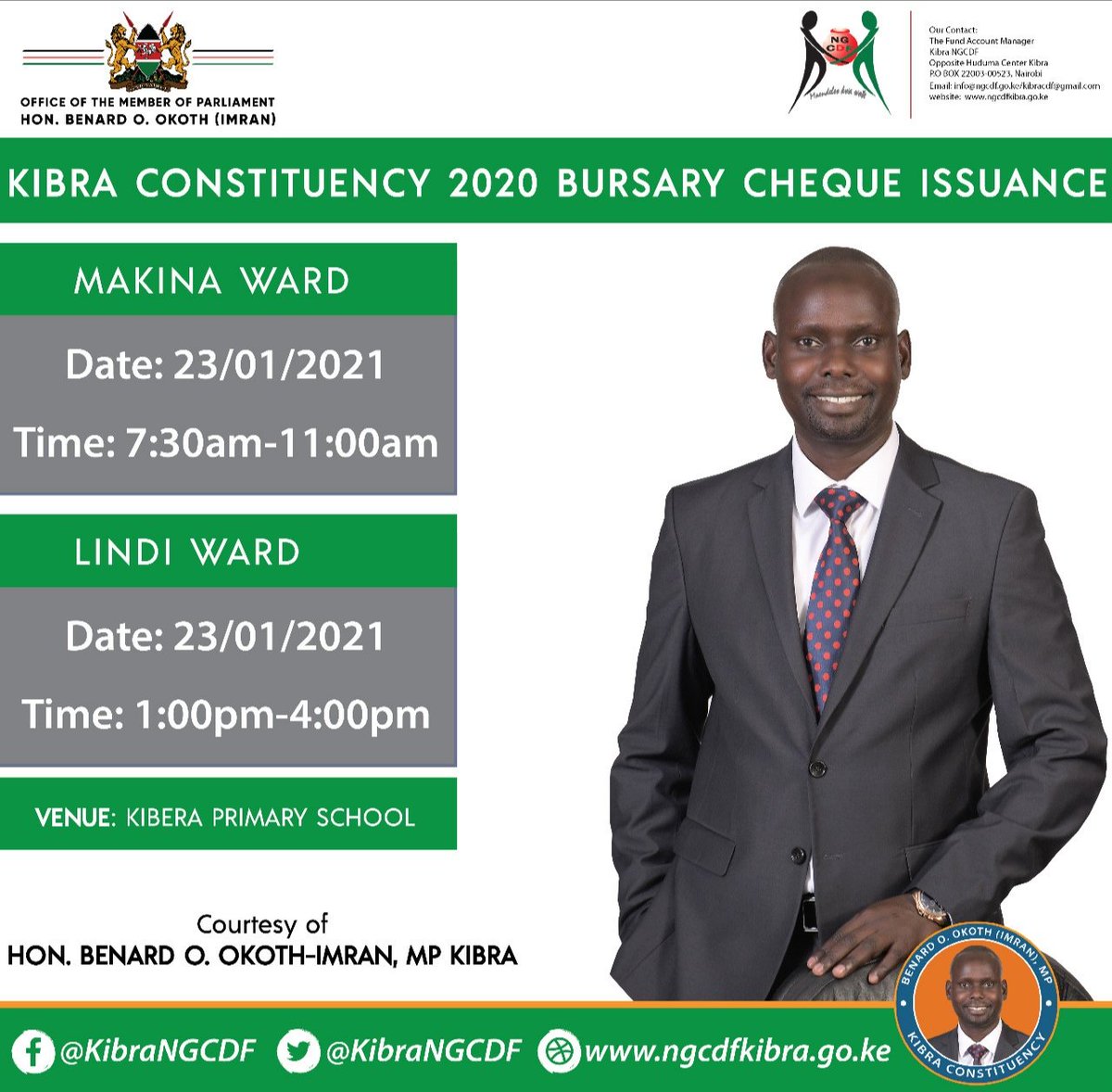 You are cordially invited to join us tomorrow, the 23rd of Jan, 2021 at the Kibera Primary School as we will be issuing <a href="/KibraNGCDF/">Kibra NG-CDF</a>  Bursary cheques to Makina and Lindi Wards courtesy of Hon. <a href="/ImranOkoth/">Benard O. Okoth-Imran</a> , Patron.
