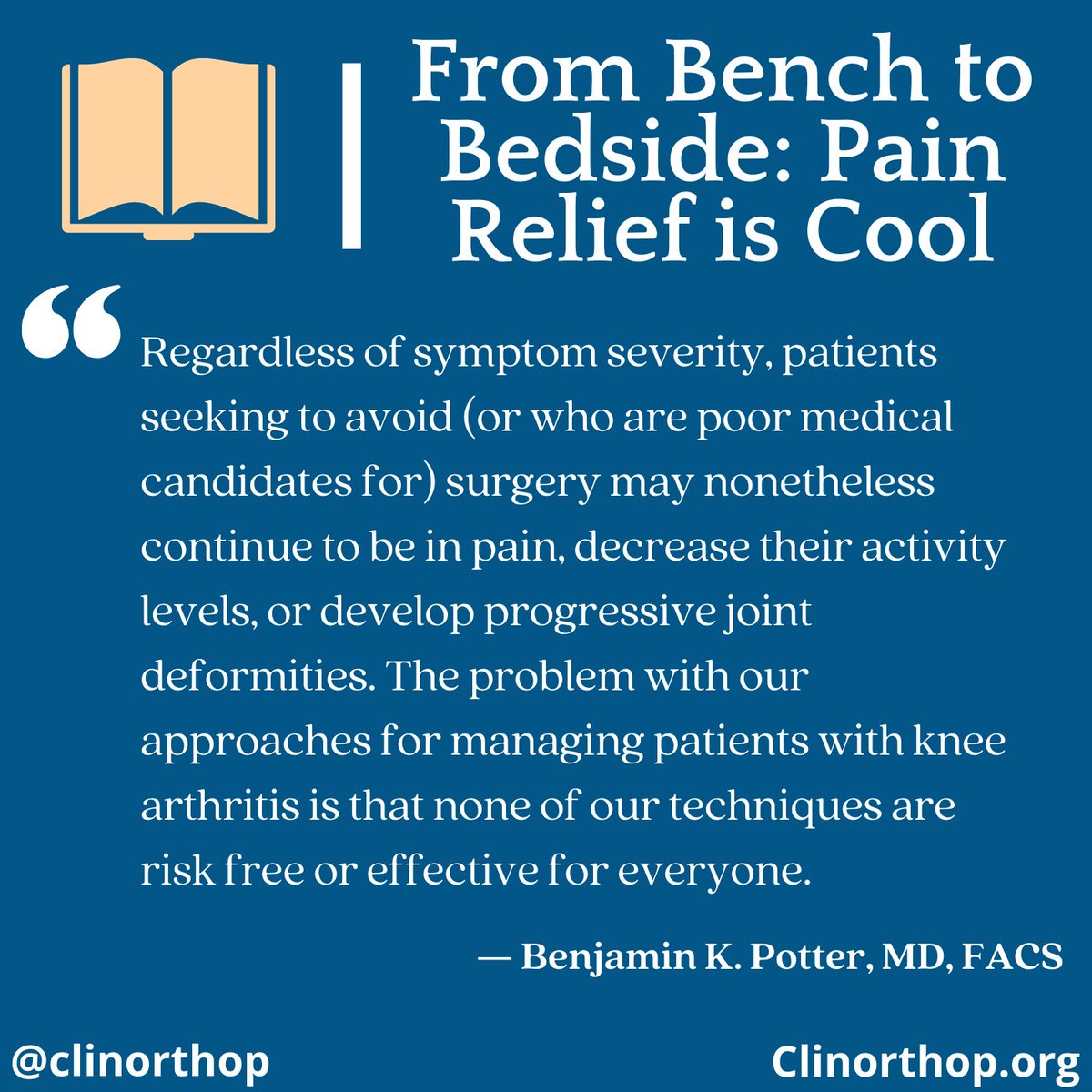 Clinorthop's tweet photo. Dr. Benjamin K. Potter discusses various pain relief techniques that disrupt nociceptive signals, such as cooled radiofrequency ablation and #cryoneurolysis, in our January issue!
#CORRColumn #TKA #osteoarthritis @WRBethesda
π https://t.co/6Tm8sTzZ0Z https://t.co/iPErqPVMMK
