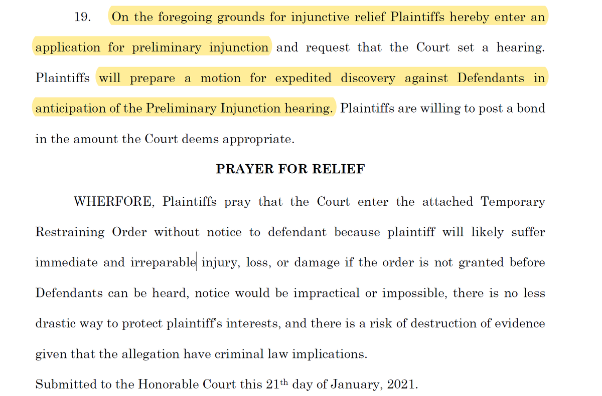 And now they're calling it "an application for preliminary injunction" or a TRO or they want a hearing on a PI but without notice but they're going to prepare a motion for discovery? Huh?