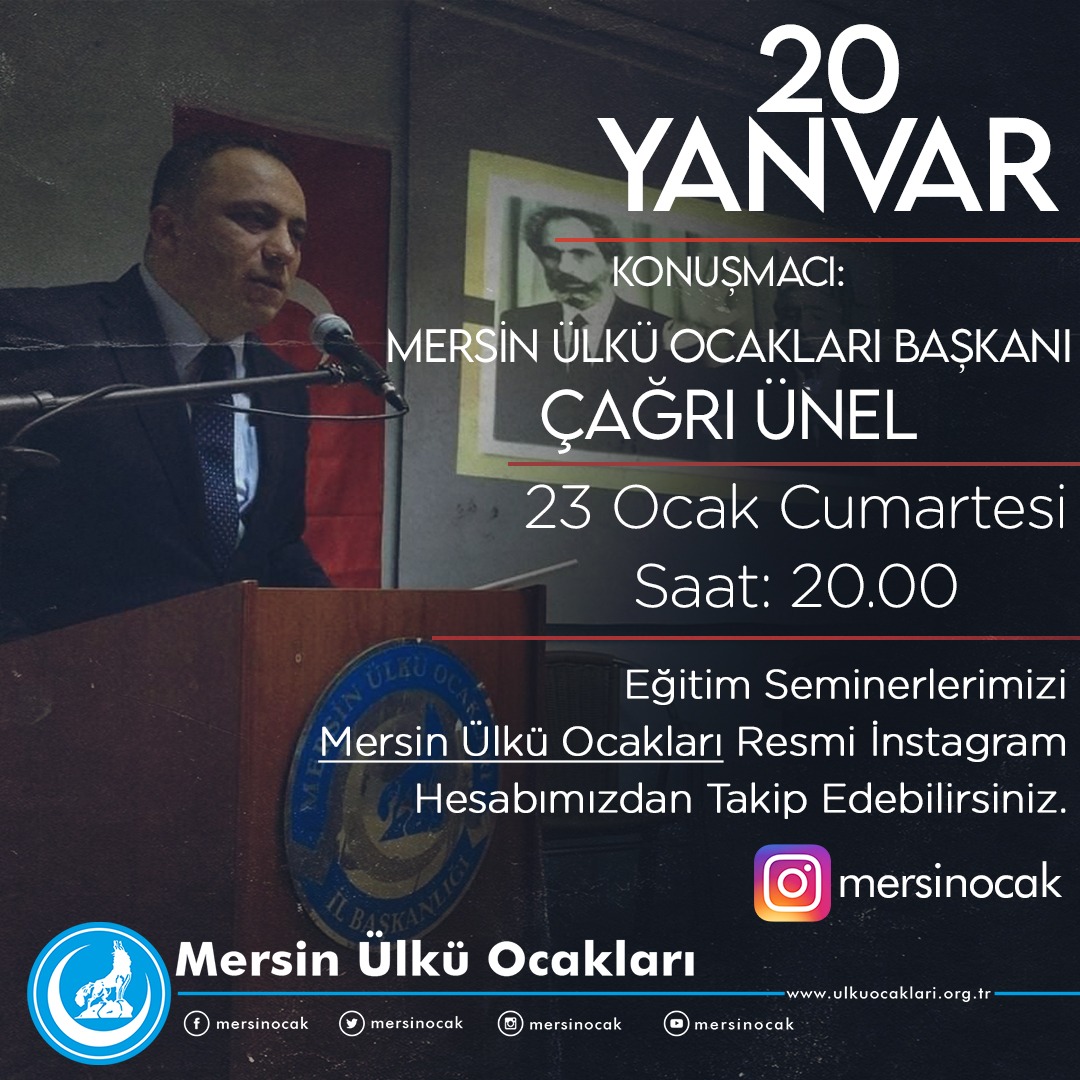Her hafta düzenli olarak gerçekleştireceğimiz ikinci dönem eğitim seminerlerimizin ilki Mersin Ülkü Ocakları Başkanımız sn Çağrı ÜNEL tarafından "20 Yanvar Katliamı" konusuyla, İnstagram sayfamızdan cumartesi günü saat 20.00'da gerçekleştirilecektir.