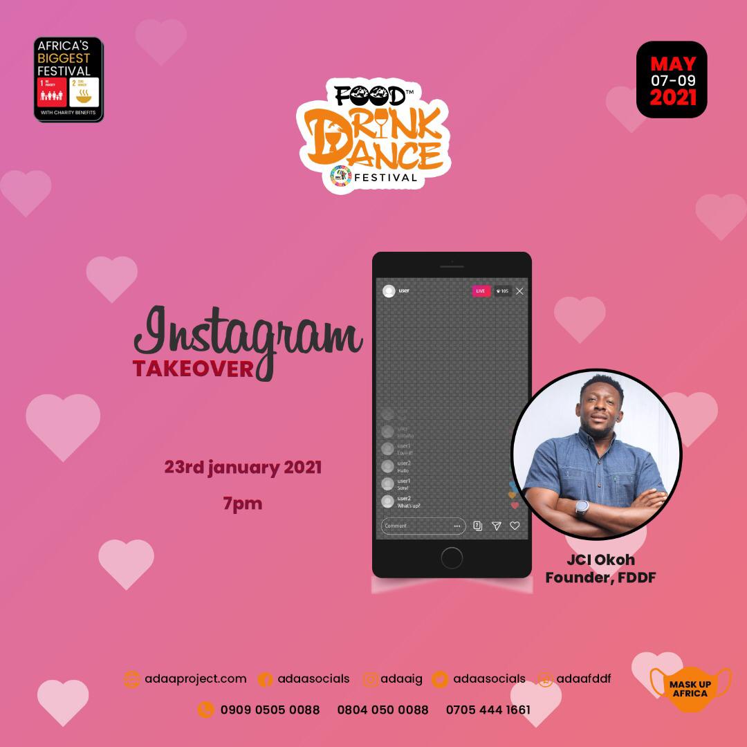 Tinnie_Dimples's tweet photo. Instagram live with our founder - JCI Okoh 23rd
January 2021 7pm on @adaaig
JCI Okoh the founder of the African DanceAcademy will be addressing us on the festivallive on instagram this Saturday (23/1/2021) by7pm. Do WELL hear about #FDDF from him.

#Fooddrinkdance https://t.co/f8lV7lKYrA